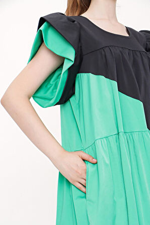 Siyah Yeşil Kontrast renkli büzgülü elbise 93944 | M