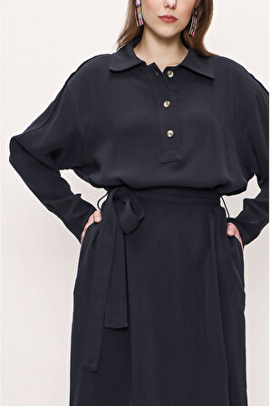 Siyah Kemerli dökümlü elbise 93776 | S