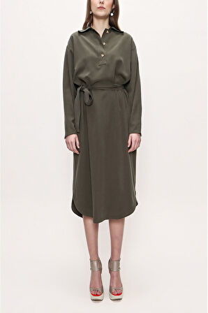 Haki Kemerli dökümlü elbise 93776 | L