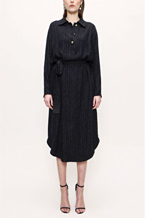 Çizgili Kemerli dökümlü elbise 93776 | M