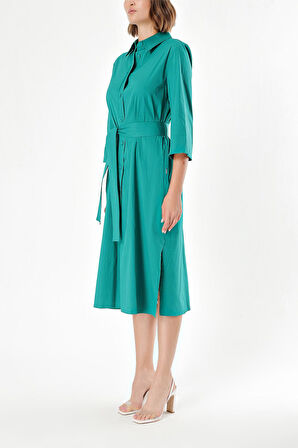 Yeşil Kemerli bol poplin elbise 93995 | M