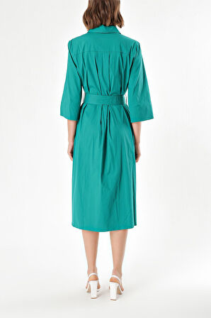 Yeşil Kemerli bol poplin elbise 93995 | M