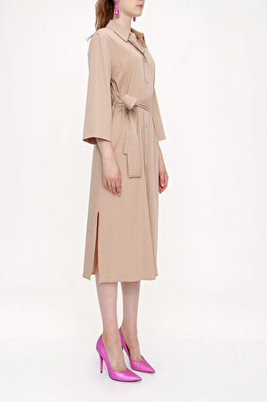 Bej Kemerli bol poplin elbise 93995 | M