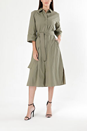 Haki Kemerli bol poplin elbise 93995 | M