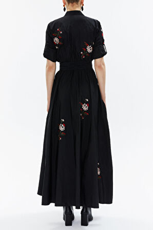 Siyah Nakışlı uzun tafta elbise 94019 | 3XL