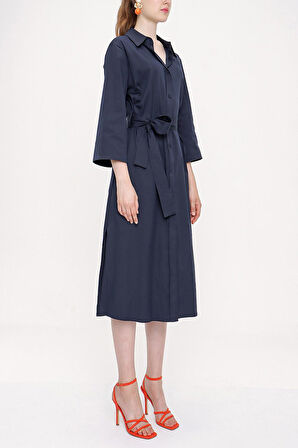 Lacivert Kemerli bol poplin elbise 93995 | M
