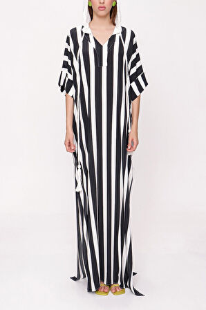 Çizgili Kapişonlu bol kesim elbise 94028 | M