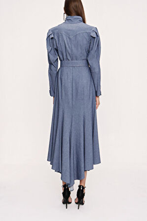 Lacivert Dikiş detaylı gömlek elbise 94010 | M