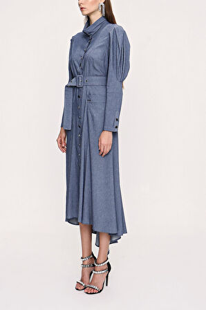 Lacivert Dikiş detaylı gömlek elbise 94010 | S