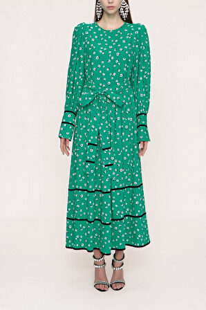 Yeşil Kadife biye detaylı elbise 94012 | M