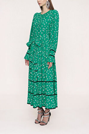 Yeşil Kadife biye detaylı elbise 94012 | M