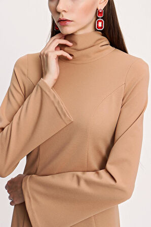 Bej Yüksek yaka bağlamalı uzun elbise 94008 | M