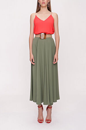 Haki Beli lastikli midi etek 81209 | L