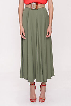 Haki Beli lastikli midi etek 81209 | L
