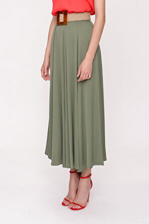 Haki Beli lastikli midi etek 81209 | L