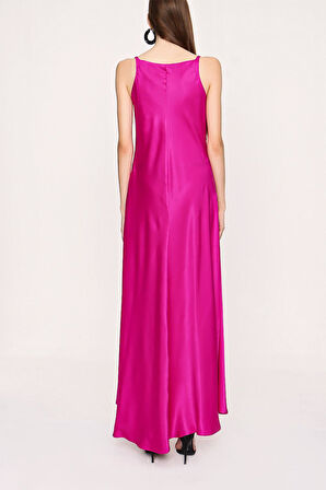 Fuşya Pembe Dantel detaylı viskon elbise 94030 | S