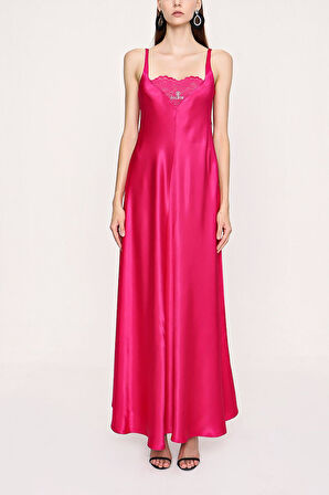 Fuşya Dantel detaylı viskon elbise 94030 | L