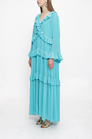 Turkuaz Büzgülü bol kesim elbise 94037 | L