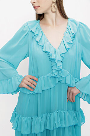 Turkuaz Büzgülü bol kesim elbise 94037 | L