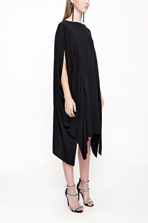 Siyah Asimetrik kesim bol elbise 94051 | M