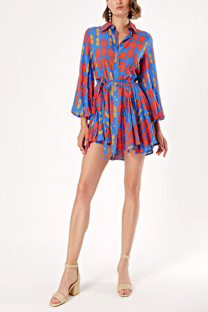 Mavi Eteği valonlu gömlek elbise 94075 | L