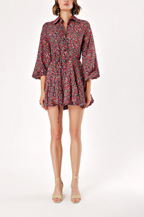 Karışık Renkler Eteği valonlu gömlek elbise 94075 | M