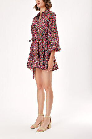 Karışık Renkler Eteği valonlu gömlek elbise 94075 | M