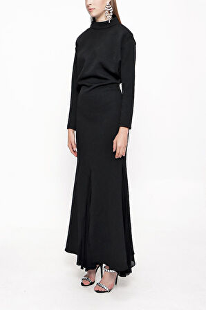 Siyah Balıkçı yaka şifon kombinli uzun elbise 94022 | S