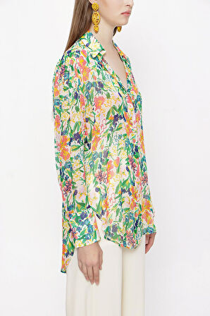 Beyaz Zemin Renkli Güllü Bol kesim gömlek 10761 | S