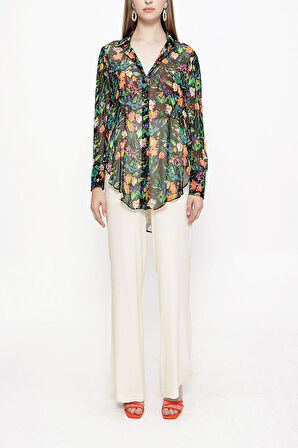 Siyah Zemin Çiçek Baskılı Bol kesim gömlek 10761 | M