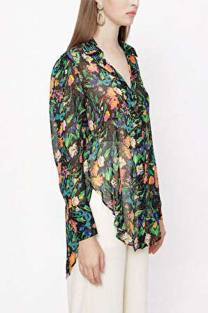 Siyah Zemin Çiçek Baskılı Bol kesim gömlek 10761 | M