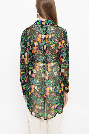 Siyah Zemin Çiçek Baskılı Bol kesim gömlek 10761 | M