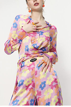 Desenli Beli lastikli pantolonlu ikili takım 12286 | M