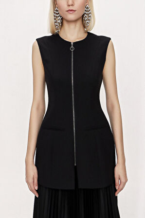 Siyah Fermuarlı slim fit yelek 61154 | S