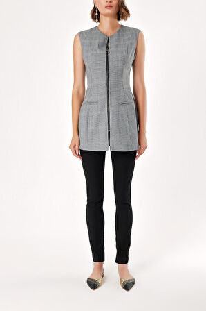 Siyah Beyaz Fermuarlı slim fit yelek 61154 | S