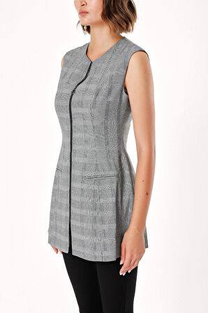 Siyah Beyaz Fermuarlı slim fit yelek 61154 | S