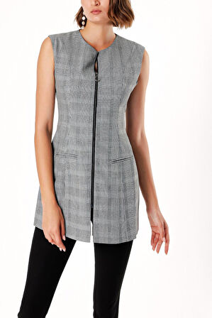 Siyah Beyaz Fermuarlı slim fit yelek 61154 | S