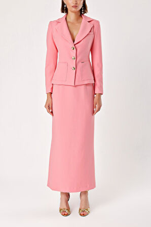 Pembe Uzun etek ve blazer ceketli ikili takım 12281 | L