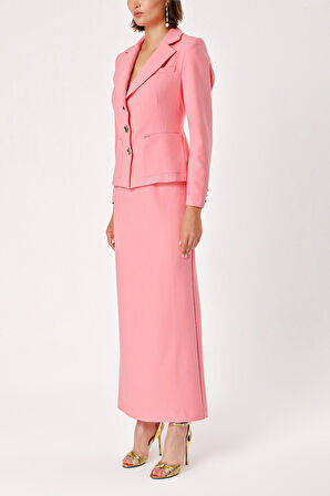 Pembe Uzun etek ve blazer ceketli ikili takım 12281 | L