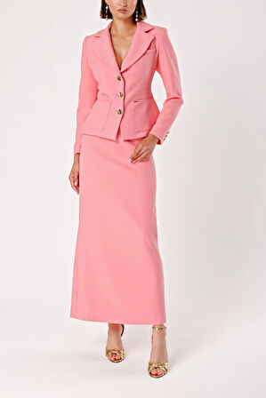Pembe Uzun etek ve blazer ceketli ikili takım 12281 | L