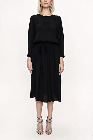 Siyah Nervür dikiş detaylı kuşaklı elbise 94117 | S