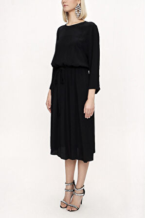 Siyah Nervür dikiş detaylı kuşaklı elbise 94117 | S