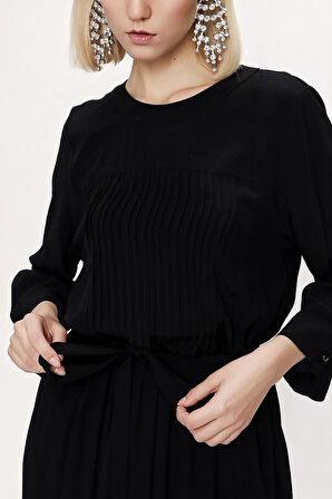 Siyah Nervür dikiş detaylı kuşaklı elbise 94117 | S