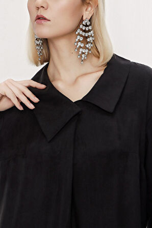 Siyah Büyük yaka detaylı bol kesim elbise 94118 | M