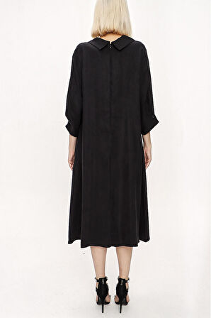 Siyah Büyük yaka detaylı bol kesim elbise 94118 | M