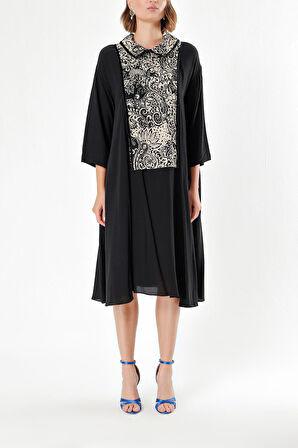 Siyah Bej Dantel detaylı bol kesim elbise 94120 | M