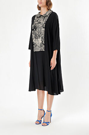 Siyah Bej Dantel detaylı bol kesim elbise 94120 | M