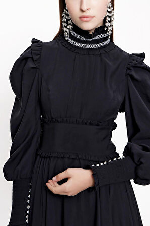 Siyah Büzgülü şerit detaylı uzun elbise 93999 | S