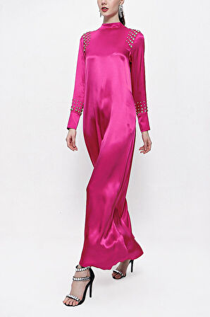 Fuşya Kristal taş detaylı uzun elbise 94157 | L