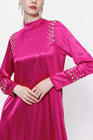 Fuşya Kristal taş detaylı uzun elbise 94157 | L